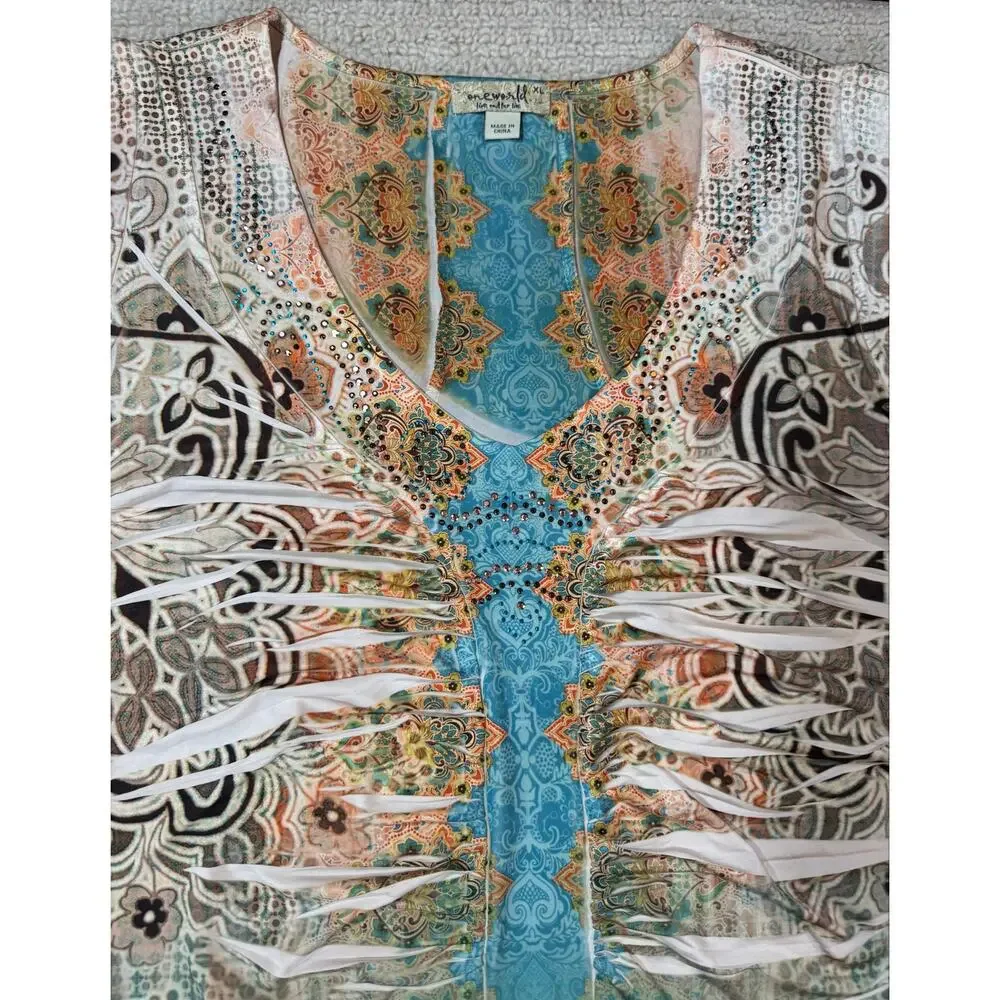 One World Live and Let Live Womens XL Top Cap Sleeve Embellished Rhinestone Boho - Picture 10 of 11